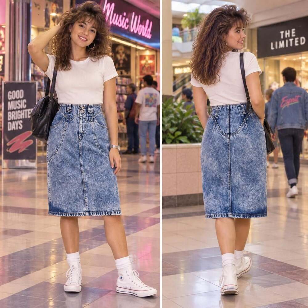 Vintage Acid-Wash Denim Midi Skirt Size S (60) 100% Cotton